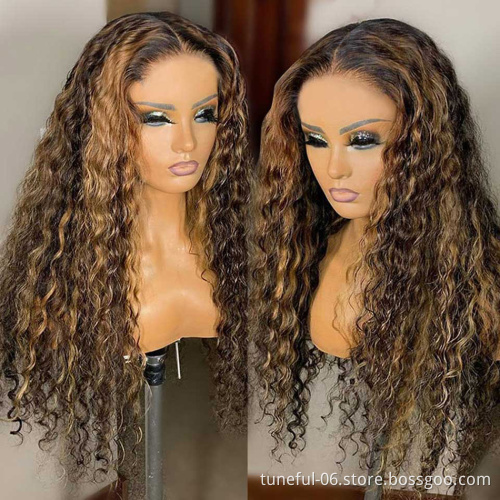 Design Honey Blonde Highlight Wigs,Color 4/27 Highlighted Lace Front Human Hair Full Lace Frontal Wigs,Brown Highligt Wig